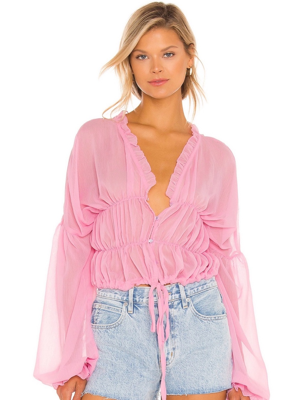 REVOLVE Pink Sheer Ruffled Drawstring Blouse